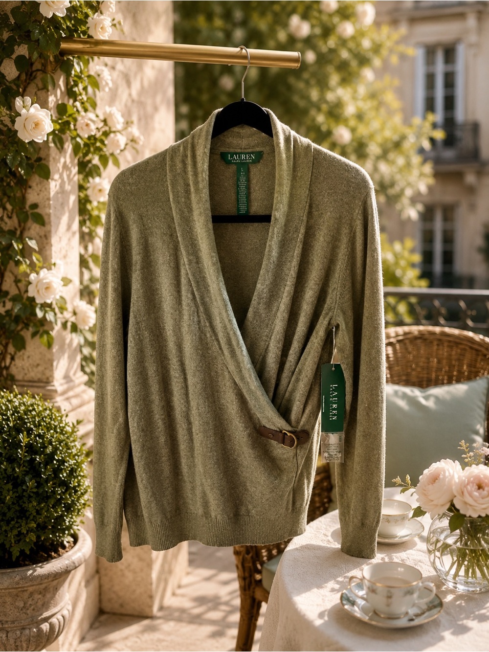 Ralph Lauren Wrap Sweater — Olive/Khaki, Size L | Cashmere Blend NWT